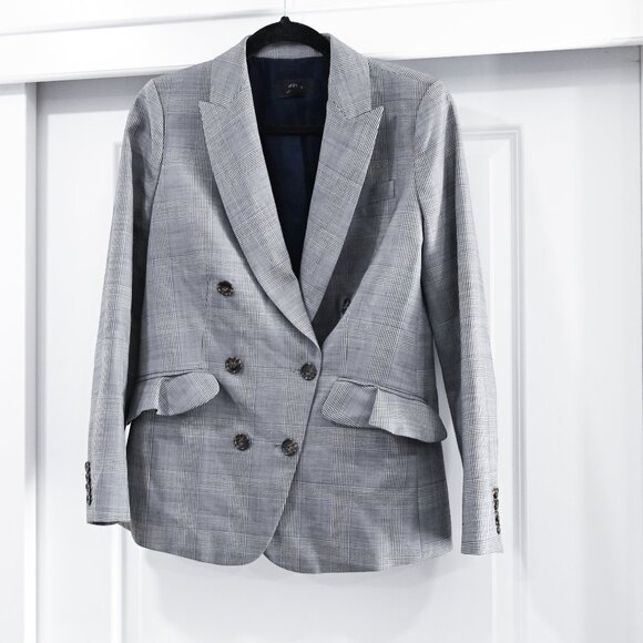 JCREW Size 4 Glen Plaid Ruffle Pocket Wool Blazer In Classic Grey Glen Plaid - Picture 1 of 10